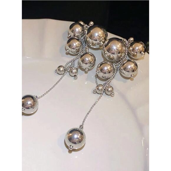 Silver Tone Statement Drop Earrings – Multi Ball Chain Dangle Earrings - Picture 5 of 5